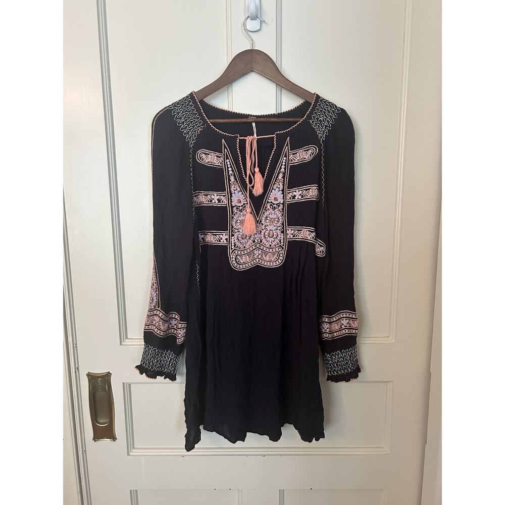 Free People Embroidered Boho Tunic Blouse Womens Size XS Black Orange Festival